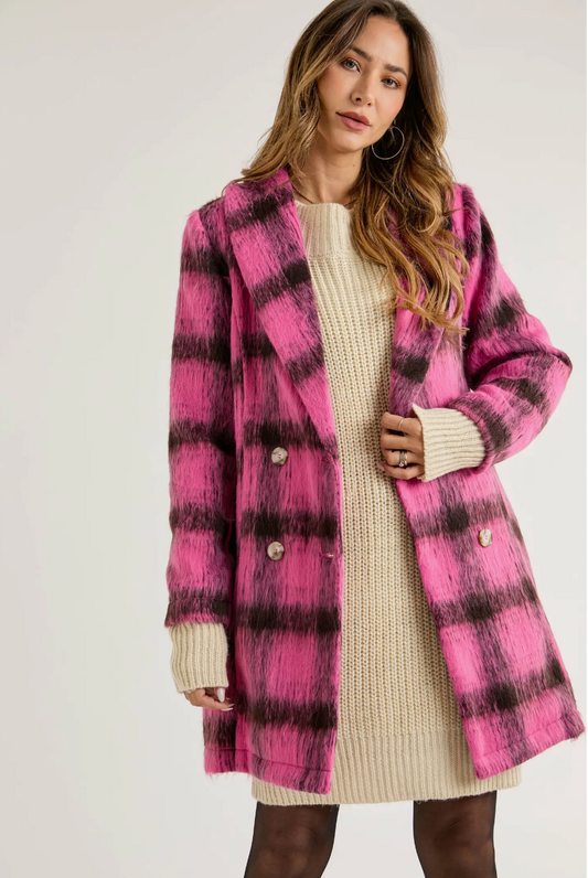 Fuzzy Plaid Double Breasted Jacket
