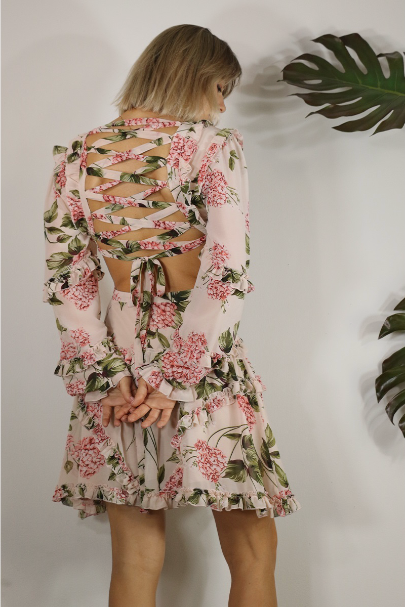 Cutout Floral Print Long Sleeve Dress